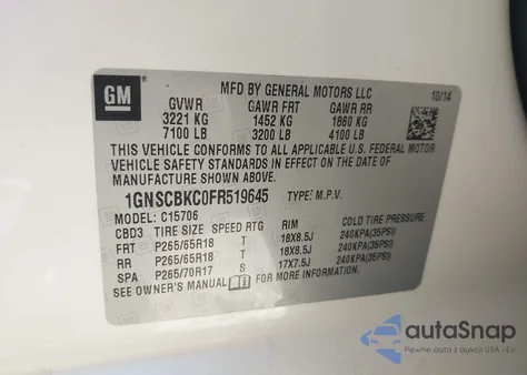 2015 Chevrolet Tahoe Lt z USA, uszkodzony, nr VIN 1GNSCBKC0FR519645